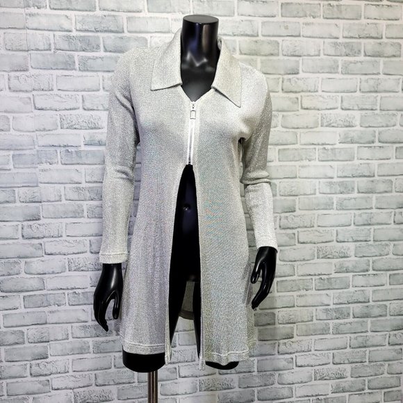 Vintage 90s does 70s New Star USA‎ M Silver Metallic Long Line Top Open Front - Picture 1 of 8